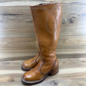 BORT CARLETON Vintage Campus Boots Womens 5 Cognac Brown Tall Stacked Heel Zip